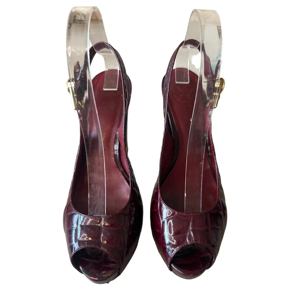 Tory Burch Allison Croc Patent Slingback Peep Toe Block Heels 8 Bordeaux
